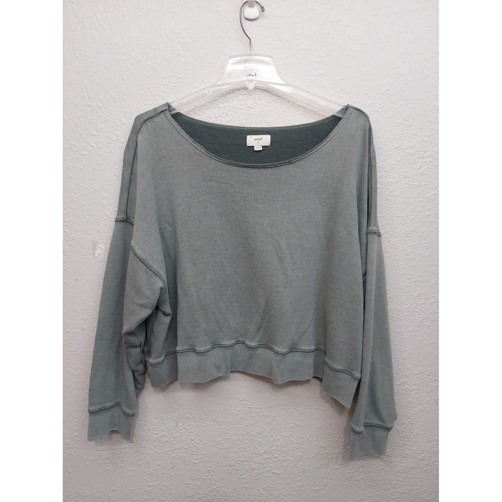 Aerie Sweat Shirt Womens Large Olive Green Oversized Cozy Off On Shoulder